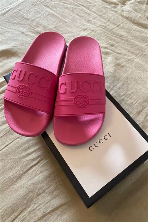 gucci pink heals|hot pink Gucci slides.